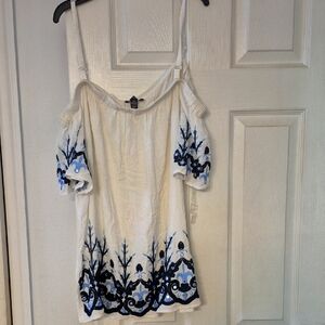 Elegant White and Blue Embroidered Women's Top Cold Shoulder